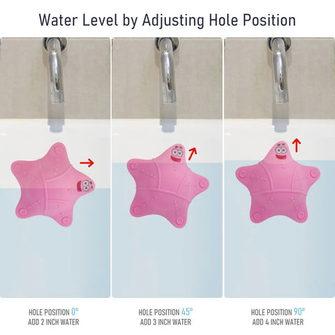 Kid Safe Silicone Bathtub Overflow Drain Cover With Five Rock Solid Suction Cups showing water level adjustments in starfish shape during bath.