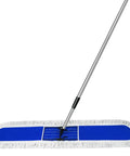 Pro Level Commercial Dust Mop Featuring A Telescopic Stainless Handle And Hella Absorbent Blue Cotton Pad For Quick Floor Sweep And Tight Dust Removal On Hardwood Floors Today with blue cotton pad.