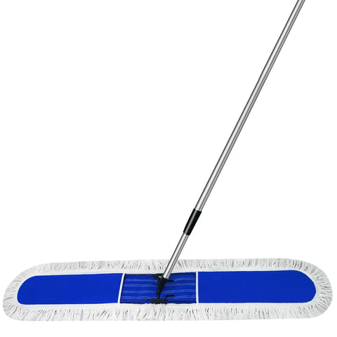 Pro Level Commercial Dust Mop Featuring A Telescopic Stainless Handle And Hella Absorbent Blue Cotton Pad For Quick Floor Sweep And Tight Dust Removal On Hardwood Floors Today with blue cotton pad.