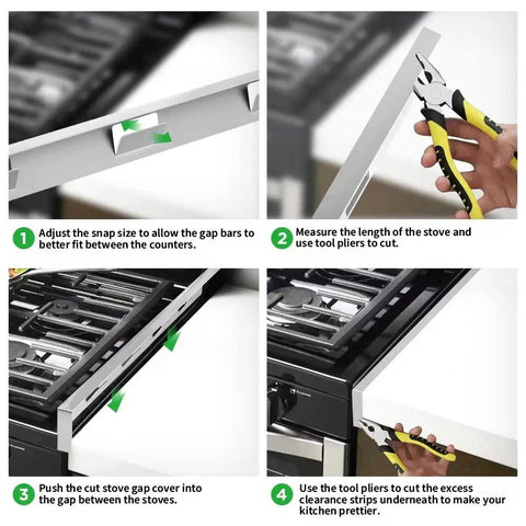 Step-by-step installation of Stainless Steel Stove Gap Filler Between Counter And Range Edge, Heat Resistant, Easy To Clean.