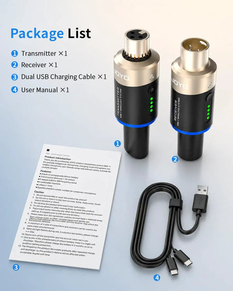 4 Channel 5.8 GHz Wireless Microphone System With XLR Transmitter And Receiver package includes transmitter, receiver, cables, and manual.