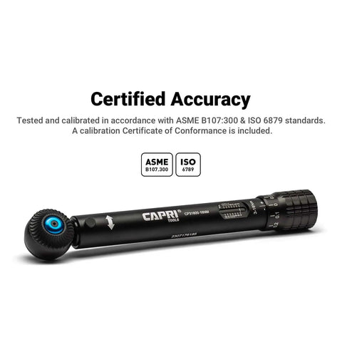 Quarter Inch Drive Mini Torque Wrench Set For Tight Spots from 30 to 140 inch pounds, shown in side view, black metal.