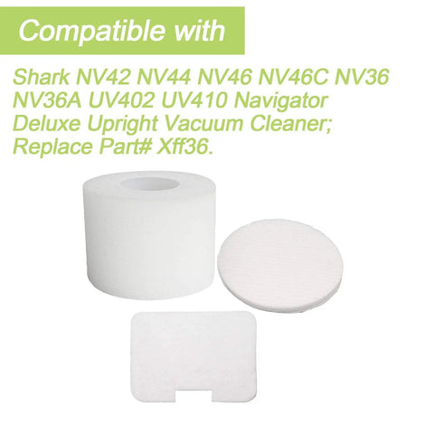 Six Pack Vacuum Filter Replacement Kit For Shark Navigator Deluxe Upright visible with foam, felt and motor filters.
