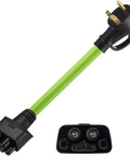 Tesla Compatible Nema TT-30 Adapter For Gen 2 Mobile Connector showing green cable and connectors for easy 120V charging.