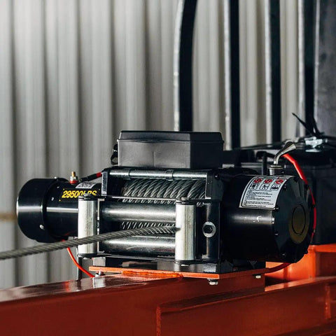 Heavy Duty Fork Mounted Jib Crane With Electric Winch Pivoting Telescopic Boom Extends To 138 Inches Wireless Remote close-up of electric winch.