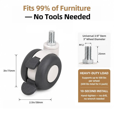 Top Shelf 3 Inch Twin Wheel Caster Set With Two Locking And Two Swivel Wheels rated for heavy duty loads, showing detailed dimensions.