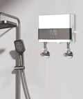 Electric Tankless Water Heater 110v With Digital Display mounted under shower, featuring compact design and app control.