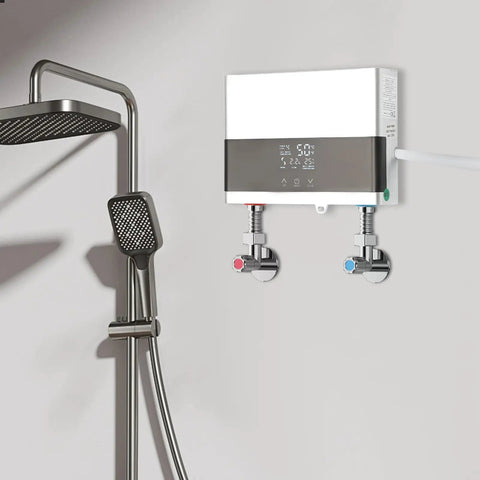 Electric Tankless Water Heater 110v With Digital Display mounted under shower, featuring compact design and app control.