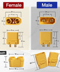 Diagram showing XT90 Male And Female Bullet Connectors Set With Sheath, dimensions, and details, for RC projects, 20 pack.