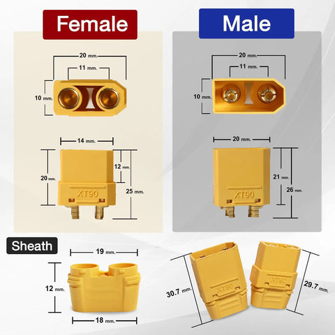 Diagram showing XT90 Male And Female Bullet Connectors Set With Sheath, dimensions, and details, for RC projects, 20 pack.