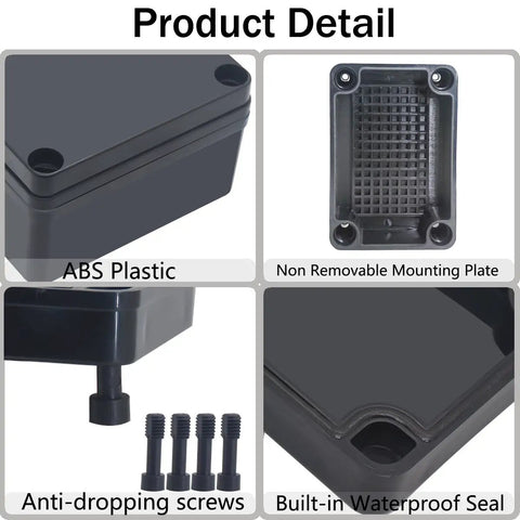 Tough As Nails IP67 Waterproof ABS Junction Box Heavy Duty Electrical Enclosure with mounting plate, anti-dropping screws, waterproof seal.