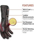 Roll Cage Welding And Rigging Gloves With Impact Protection Black Grain Leather High Heat Silicone Reinforcements And Cut Resistant Grippy Grip For Welders X Large shown with features such as velcro cuff and kevlar stitching labeled, demonstrating its durable design for secure wear.