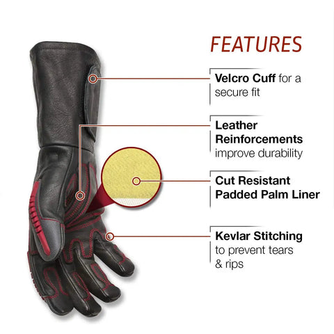 Roll Cage Welding And Rigging Gloves With Impact Protection Black Grain Leather High Heat Silicone Reinforcements And Cut Resistant Grippy Grip For Welders X Large shown with features such as velcro cuff and kevlar stitching labeled, demonstrating its durable design for secure wear.