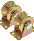 Set of two 2-inch Skelang V-groove wheels on heavy-duty rigid caster brackets with gold finish
