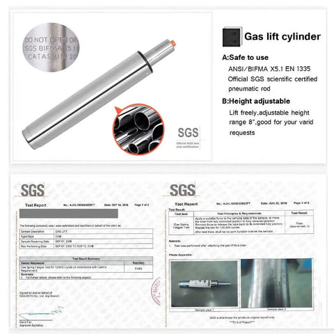Gas lift cylinder for Heavy Duty Swivel Rolling Stool With Backrest For All Day Comfort On Wheels, showing SGS certification.