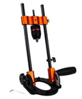 Portable Multi Angle Drill Guide With 60 Degree Adjustable Stand for Reaching Tight Corners, shown with center guide and orange accents.