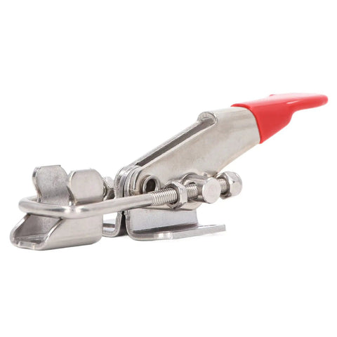 Side view of Heavy Duty Toggle Clamp Pull Latches Set, Adjustable Stainless Steel, 400lb Capacity, 2 Pack, with a red handle.