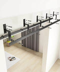 Installed view of Bypass Glass Barn Door Set 72 X 84 Inches with 6 Foot Double Hardware Kit in black carbon steel frame.
