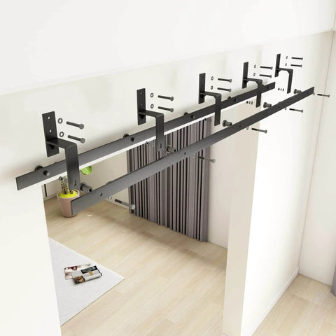 Installed view of Bypass Glass Barn Door Set 72 X 84 Inches with 6 Foot Double Hardware Kit in black carbon steel frame.