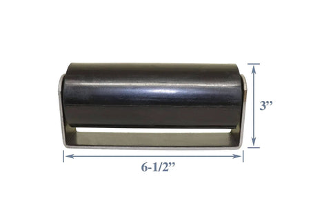 Front view of Heavy-Duty Gate Guide Rollers For Weld-On Installation Rubber Gate Roller Set, 6.5in long, 3in high, 2.5in width, sold in pairs.