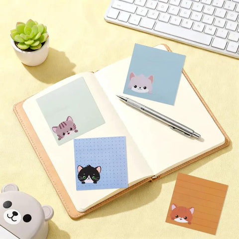 Cat Themed Sticky Notes 9 Pack 450 Sheets Lined Post It Notes on open notebook with cat designs, ideal for office organization