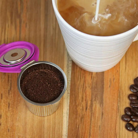 Stainless Steel Reusable K Cup 2 Pack With Built In Metal Filter For Keurig 1.0 2.0 KDuo KMini And More next to coffee