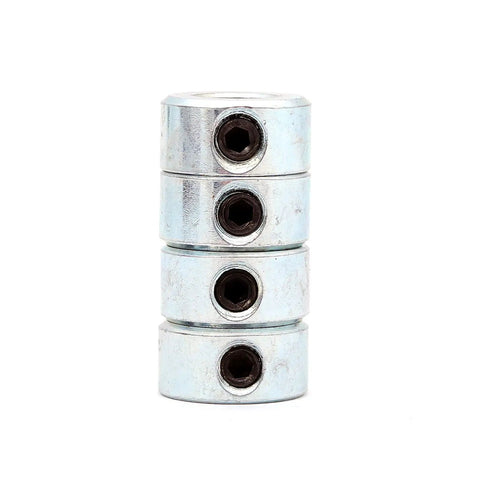 Stack of four Shaft Collars Five Sixteenth Inch Bore Zinc Plated Pro Grade Solid Steel Four Pack With Ten Thirty Two By One Eighth Inch Set Screws Outside Diameter Five Eighth Inch Width Five Sixteenth Inch Heavy Duty Axle Mounting Components