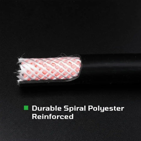 Close-up view of Badass Heavy Duty Black Rubber Air Compressor Hose 3/8 Inch By 50 Feet 300 Psi with spiral reinforcement.