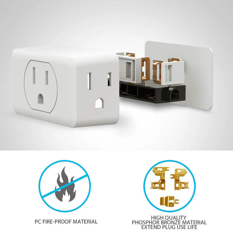 Three Outlet Power Plug Extender And Grounded Wall Tap Adapter With Three Prong Grounding Multi Outlet Splitter For Travel Home Office Dorm Must Have For Dorm Life And Power Three Devices At Once 125V 15A 1875W Pack Of 3, showing internal PC fire-proof and phosphor bronze material components.