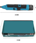 Pro Knockout 12V Cordless Angle Grinder And Compact Mini Rotary Tool with dimensions, showing tool and packaging for clear presentation.