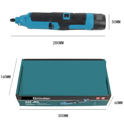 Pro Knockout 12V Cordless Angle Grinder And Compact Mini Rotary Tool with dimensions, showing tool and packaging for clear presentation.
