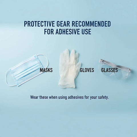 Protective gear for adhesive use including mask, gloves, and glasses displayed on a blue background.
