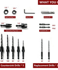 Contents of the 15-Piece Countersink Drill Bit Set With Adjustable Tapered Countersinks Wood Plug Cutters Magnetic Extension Bit Holder Depth Stop Rings 1/4 Inch Hex Shank PH1 PH2 Screwdriver Bits Allen Key And Storage Case For DIY Woodworking.
