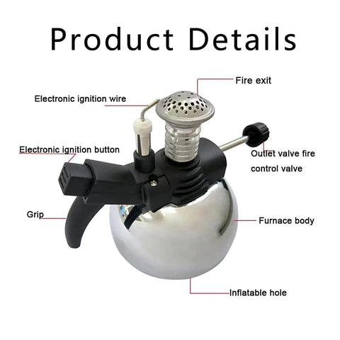 Close-up of Portable Butane Burner Stove With Adjustable Flame, Lab Style Bunsen Burner on Aluminum Bracket showing ignition parts