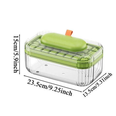 Go To Press Type Cold Block Mold Nonstick Ice Trays With Secure Lids Easy Release Freeze Tray For Perfect Cocktail Cubes No Sweat Hydration Smooth Cooling Party Ready, green lid and clear container, dimensions shown.