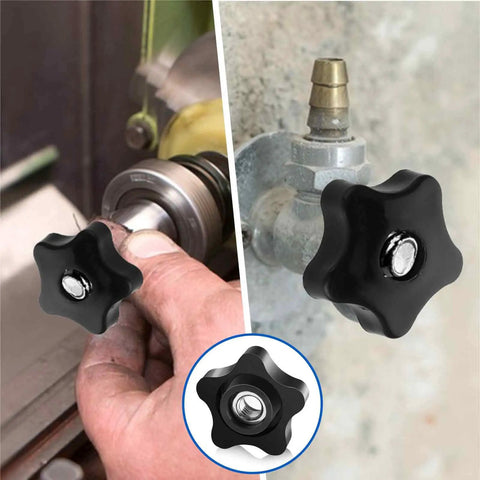 Top Shelf Star Knobs 5/16-18 Female Thread Thumb Screws With Kickass Grip Heavy Duty clamping nuts in use on a drill and valve.