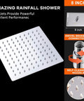 8 Inch Stainless Steel Rain Shower Head With High Flow Output, Square Rainfall Design, chrome finish, and self-cleaning nozzles