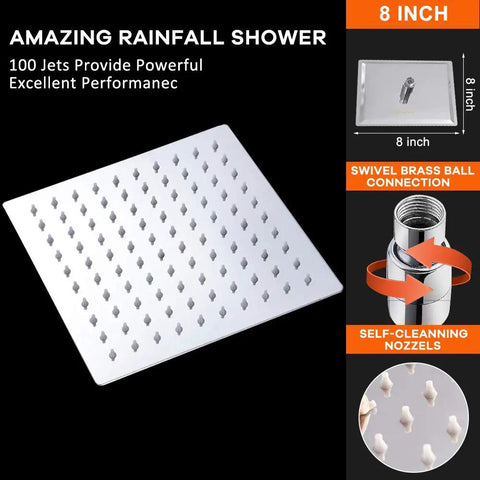 8 Inch Stainless Steel Rain Shower Head With High Flow Output, Square Rainfall Design, chrome finish, and self-cleaning nozzles