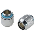 Two silver chrome PC water-cooling compression fittings with blue O-ring; G1/4 to 3/8 in ID tubing, straight joint.