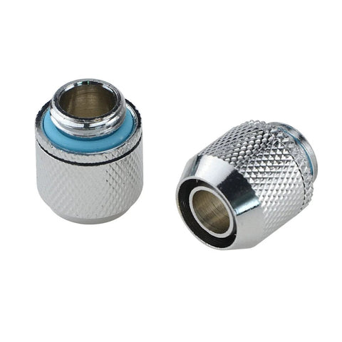 Two silver chrome PC water-cooling compression fittings with blue O-ring; G1/4 to 3/8 in ID tubing, straight joint.