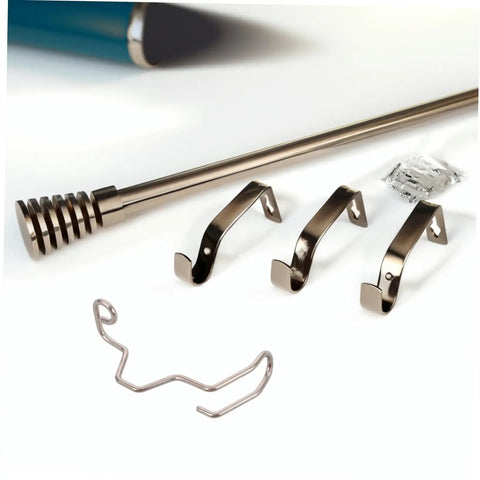Metal brackets and springs next to a curtain rod, representing Ten Pack Pro Grade Finger Guard Springs For Sewing Machines Hand Safety Shield Needle Guard Easy Install Durable Sewing Machine Accessory For Safe Stitching That Lasts.