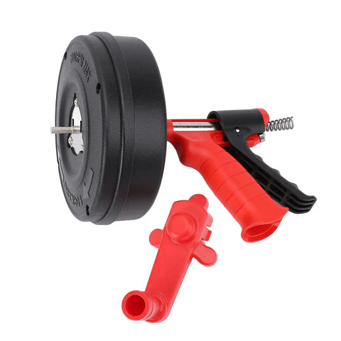 Rock Solid Drain Snake For Clogged Pipes Manganese Steel Cable with black spool and red handle for easy drainage.