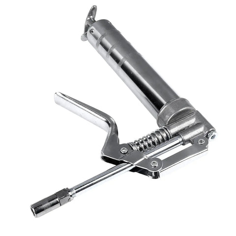 120cc Heavy Duty Handheld Grease Gun for Industrial Equipment, chrome plated metal, side view of lubricant filling tool