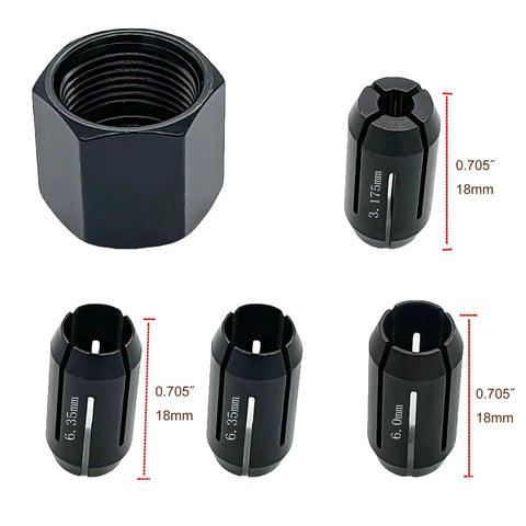 Collet Chuck And Nut Replacement Kit For Palm Routers And Drywall Tools 5 Pack With One Eighth Inch Two One Quarter Inch And Six Millimeter Collets Plus Nut Fits DW660 DW551 DCS Series Cutout Tools And RotoZip Spiral Saws showing black collets and nut.