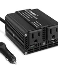 Road Trip Ready 200W Car Power Inverter 12V To 110V AC With 65W PD Type C And 28W QC Fast Charging Ports For Phones Laptops Zero Noise Vehicle Converter Adapter, matte black, dual AC outlets.