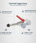 Steel Push Pull Toggle Clamp Serving Up Quick Release Workholding For Woodworking And Welding Jigs Compact Linear Fixtures with red lever and steel build.