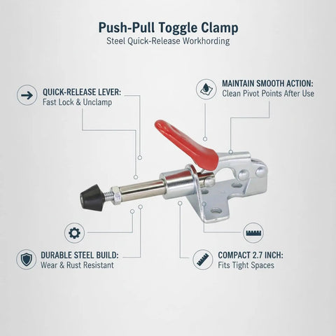Steel Push Pull Toggle Clamp Serving Up Quick Release Workholding For Woodworking And Welding Jigs Compact Linear Fixtures with red lever and steel build.