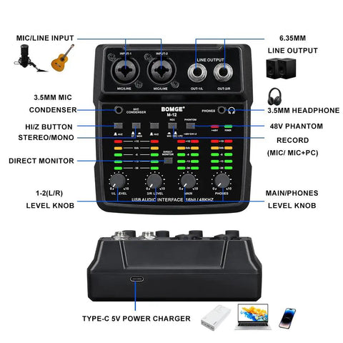 M12 USB Audio Interface With 2 Channel Mixer XLR And 3.5mm Input 48V Phantom Power Plug visual with inputs and controls.
