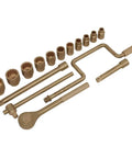Rigged Out 17 Piece Half Inch Square Drive Socket Set Crafted From DropForged Beryllium Copper For Badass Zero Spark Action And Ultimate Job Site Flex With Ratchet Extensions And Hard Case displayed neatly on a white background.