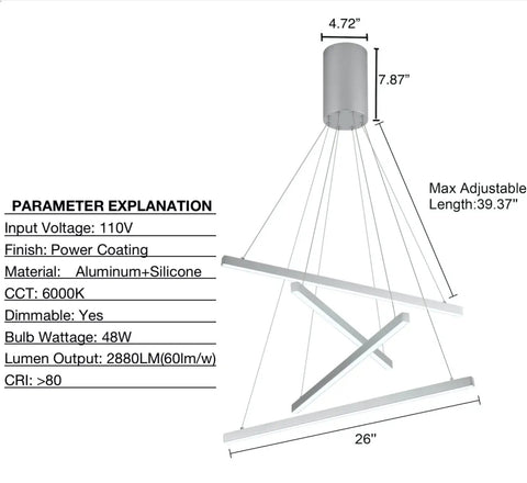 Diagram of Modern LED Linear Pendant Chandelier With Dimmable Four Lights, Adjustable Wire Design, Cool White 6000K Hanging Lighting